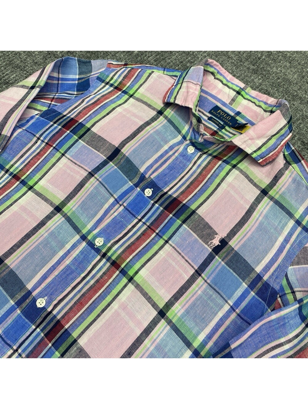 Polo Ralph Lauren Shirt Mens L Classic Fit Multicolor Plaid 100% Linen Button Up